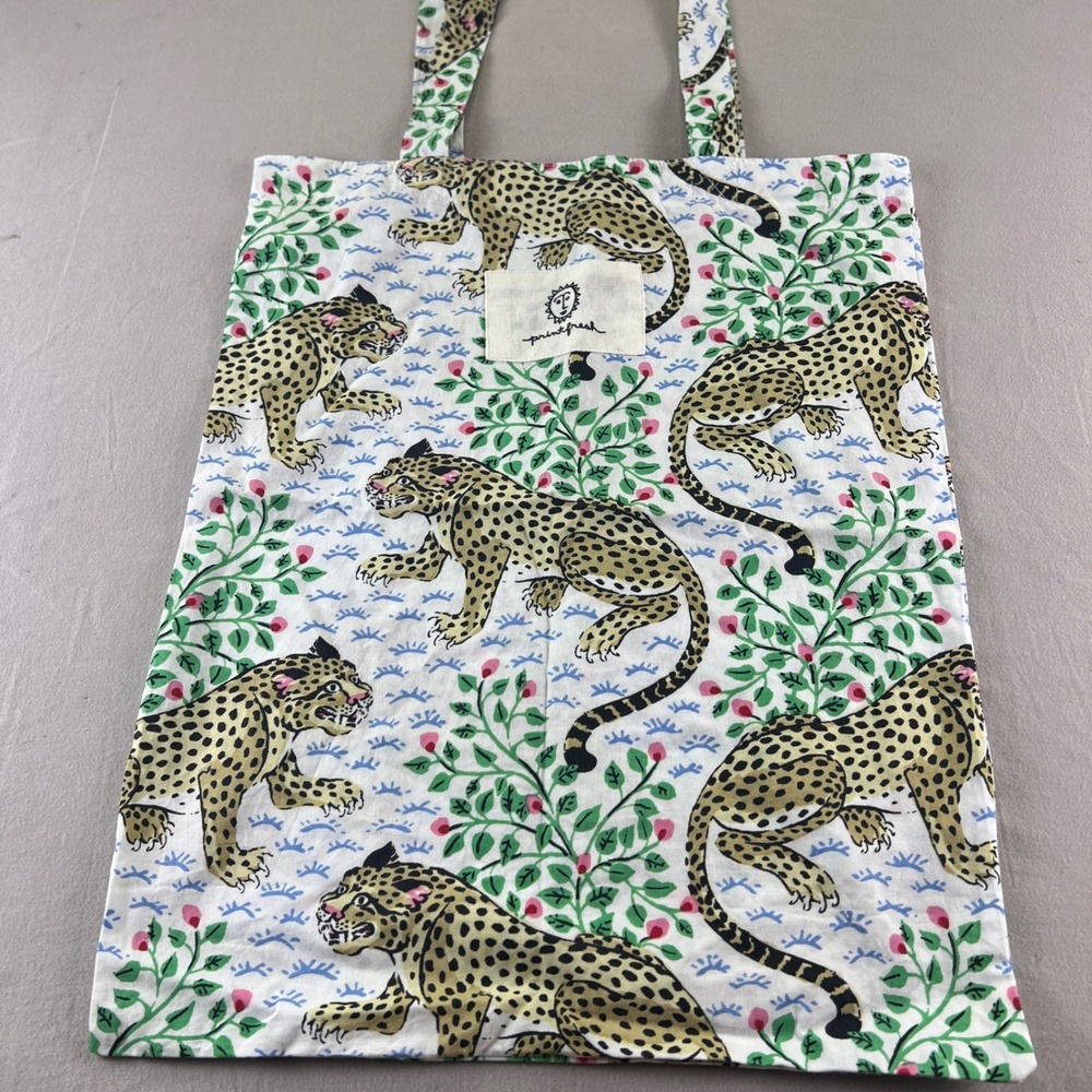 Printfresh Organic Cotton Tote Bag Leopard Print White Green Botanical Reusable